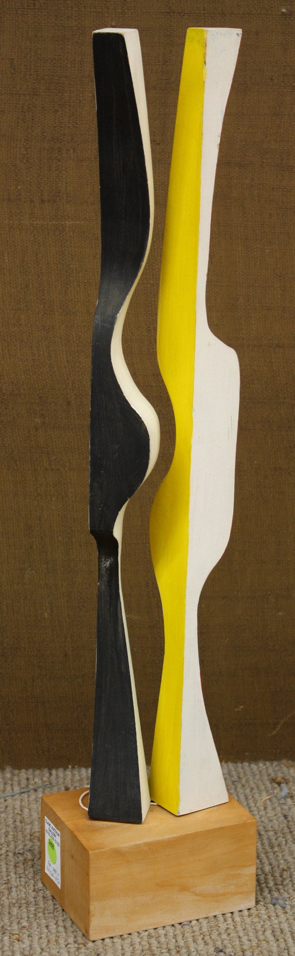 Painted wood sculpture, Lucia K. Stern: Painted wood sculpture with wood base, Abstract Composition, by Lucia K. Stern (American, 1895-1987), estate stamped bottom base, sculpture dimensions: 21.75''h x 3.625''w x 1.75''d, overall(with base