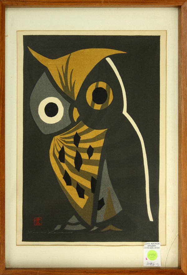 Japanese Modern Print, Kawano Kaoru ': (lot of 2) Framed Japanese woodblock prints, by Kawano Kaoru (1916-1965), each signed in pencil and with one seal, the first of a single owl, sight: 15.5''h x 11'', overall: 19.75''h x 13.75''w; the s