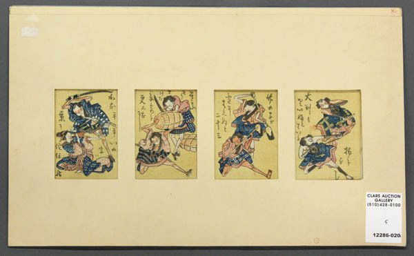 Japanese Woodblock Prints, Kunisada/Kunichika: (lot of 5) Unframed Japanese woodblock prints: Kabuki actors, signed Toyokuni giga (Utagawa Kunisada), with two nanushi (1847-52) and publisher seal (backed); a genre scene with two women, signed Yosh