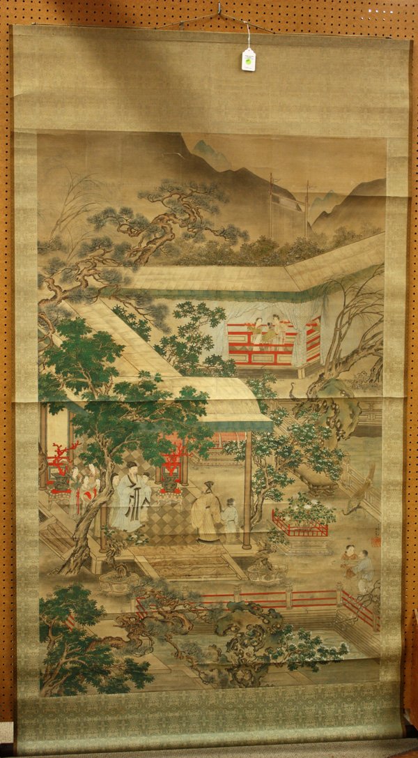 Scroll, Qiu Ying (after), Scholar/Landscape: Hanging scroll painting, Scholars on a Garden Terrace, after Qiu Ying (Chinese, 1494-1552), ink and color on paper, depicting a scholar followed by attendants welcoming a guest, lower right inscribed 