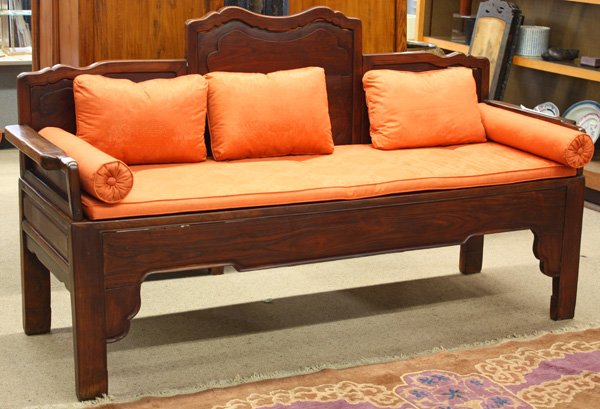 Chinese Rosewood Settee: Chinese carved rosewood settee, the back set with three floating panels each with lobed raised reserves conforming to the shaped back rail, the long rectangular seat above a shaped apron with a beaded