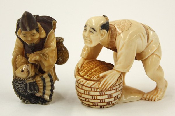 Two Japanese Figural Netsuke, Signed: (lot of 2) Japanese ivory netsuke, 20th century, the first a polychrome painted figure of Ebisu standing with a large fish, signed [Tomo]yuki, 1.75''h, the second depicting an elderly farmer leaning o