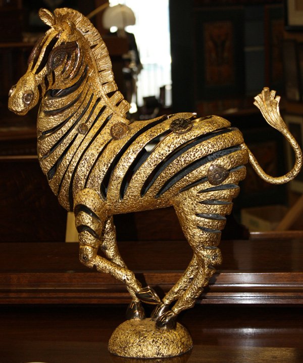 Bronze and gold leaf, Jiang Tiefeng, Zebra : Bronze with hand-finished gold leaf finish, "Zebra," 1992, by Jiang Tiefeng (Chinese/American, b.1938), signed bottom base, edition 37/50, overall: 22.5"h x 15"w x 7"d. Literature: "Jiang, Father of t