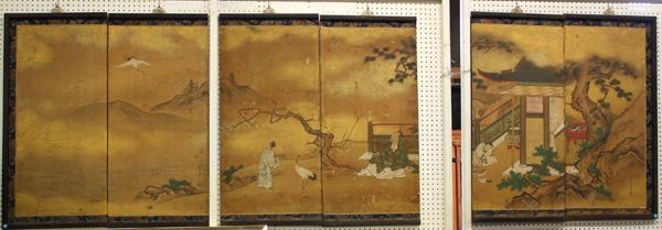 Japanese Kano School Screen, Edo: (lot of 6) Japanese painting, 19th century, originally a mid-size six panel folding screen, ink, color and gold on paper, now mounted on separate panels; Kajibashi Kano School, featuring a Chinese sch