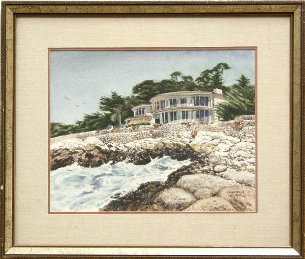 Watercolor, William Frederick Timmins Casa del Mar: Framed watercolor, ''Casa del Mar,'' 1977, by William Frederick Timmins (Californian, 1915-1985), signed and dated ''William Timmins '77'' lower right, titled, signed, and dated verso, sight: 11''h x
