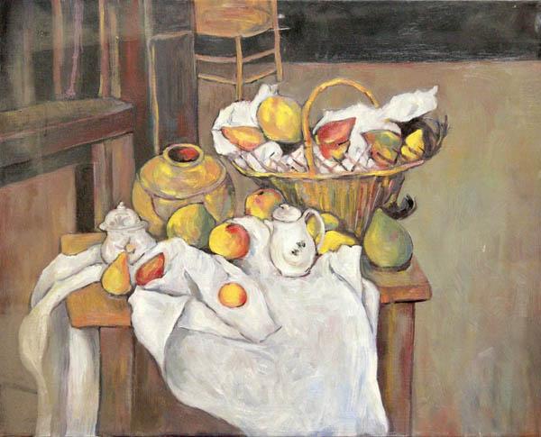 Painting, Still Life with Fruit and Jugs: Framed oil on canvas, Still LIfe with Fruit and Jugs, 20th century, in the manner of Paul Cezanne (French, 1839-1906), unsigned, overall: 16''h x 20''w