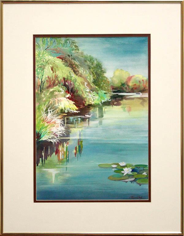 Watercolor, Claire Oak, Lake with Lilly Pads: Framed watercolor on paper, Lake with Lilly Pads, by Claire Oak, signed lower right, overall: 28.25''hx 22.25''w