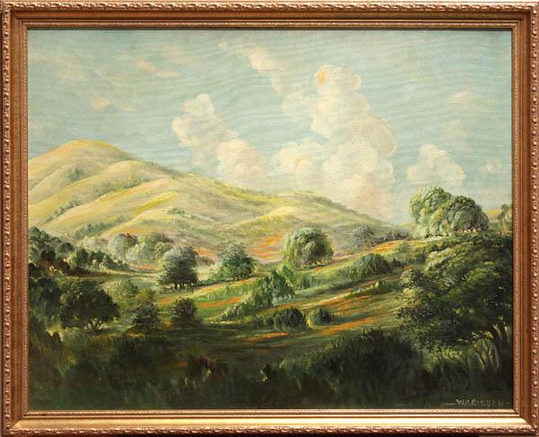 Painting, W.G. Gibson, California Landscape: Framed oil on canvasboard, ''California Landscape'', by W. G. Gibson, signed lower right, label affixed verso, overall: 28.5''h x 35''w