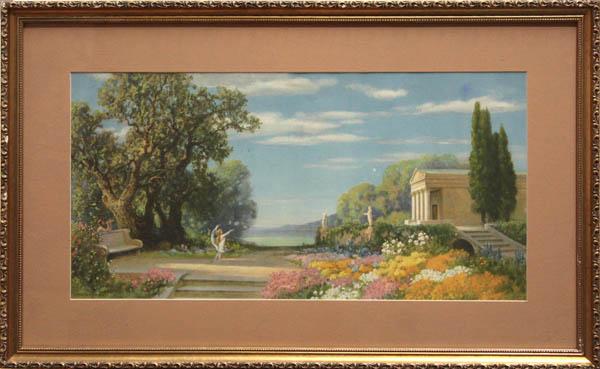 Print, Traugott Hermann Rudisuhli Classical Garden: Framed hand-colored print, Classical Garden Scene, after Traugott Hermann R?dis?hli (Swiss, 1864-1945), printed signature lower left, overall: 19.5''h x 31.5''w