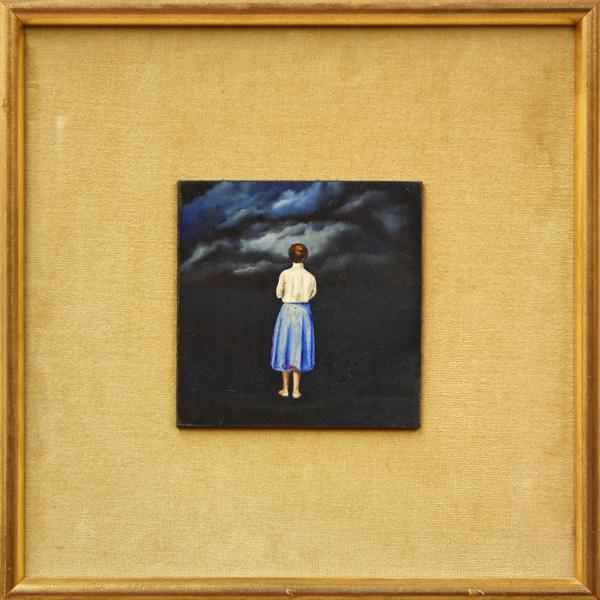 painting, Frank Whipple, Darkening Skies: Framed oil on board, Woman Standing Before a Darkening Sky, by Frank Whipple (Californian, 20th century), signed ''Whipple'' lower right, sight: 5''h x 5''w, overall: 12.25''h x 12.25''w