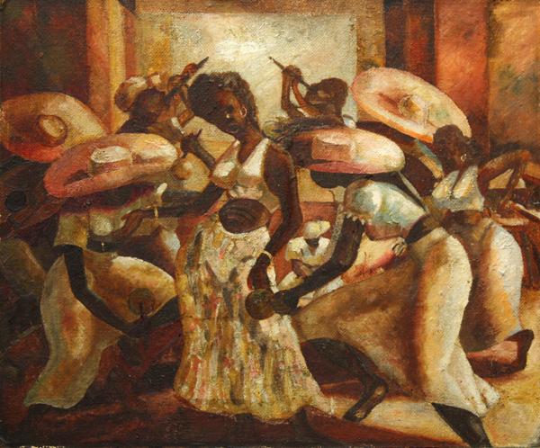 Painting, Leonard Morris, The Dancers: Unframed oil on masonite, ''The Dancers,'' by Leonard Morris (Jamaican/American, b. 1931), signed verso, label affixed verso, overall: 20''h x 24''w