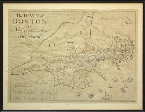 Map, after Ca. John Bonner, Town of Boston: Framed map reproduction, ''The Town of Boston in New England,'' after Cap. John Bonner, overall: 20.75''h x 26.75''w