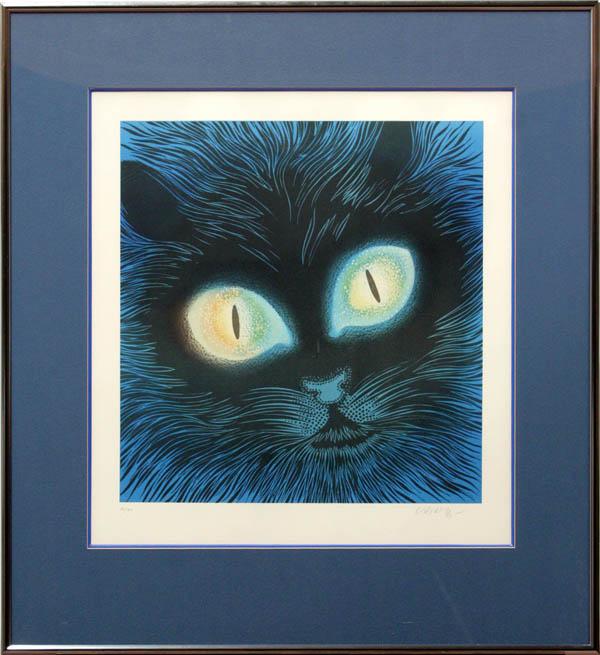Print, Victor Vasarely, Le Chat: Framed color lithograph, ''Le Chat (Etude de Lumiere),'' by Victor Vasarely, pencil signed lower right, numbered 17/180 lower left, label affixed verso, image: 18''h x 17''w, sight: 21''h x 19.5''w, o