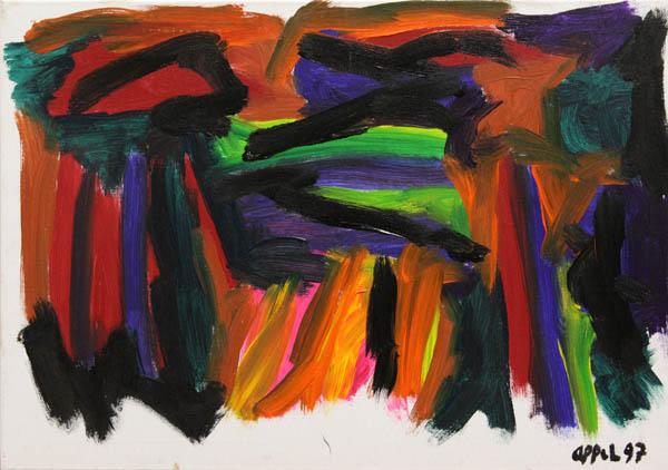 Painting, manner of Karel Appel, Abstract: Unframed acrylic on canvas, Abstract, 1997, in the manner of Karel Appel (Dutch, 1921-2006), bears signature and date ''Appel 97'' lower right, overall: 19.75''h x 27.625''w