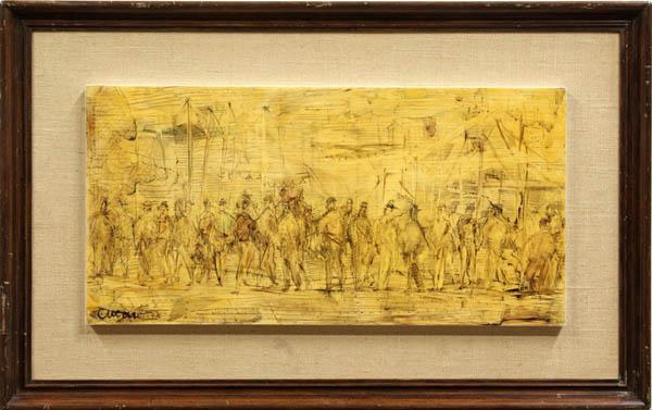 Mixed media, Pascal Cucaro, Crowd Scene: Framed mixed media on board, Scene with Figures, by Pascal Cucaro (Californian, 1915-2004), signed lower left, overall: 20.5''h x 33''w
