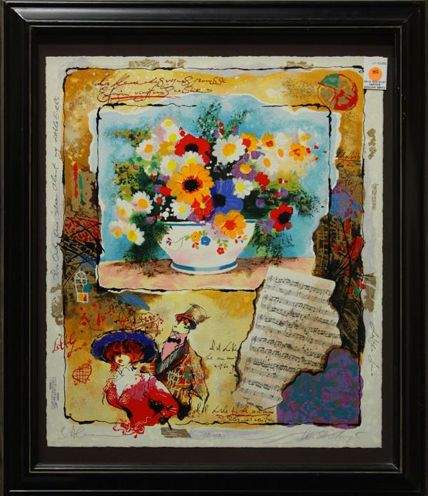 Serigraph, Collage with Flowers, Sheet Music, Coup: Framed serigraph, Collage with Phrases, a Still Life of Flowers, Sheet Music, and Figures, signed and inscribed indistinctly along lower edge, edition numbered lower center, overall: 28''h x 24''w