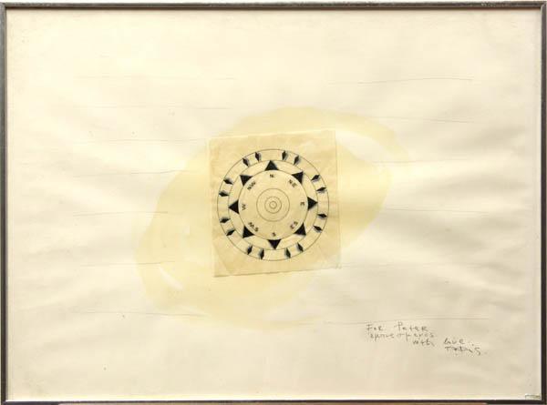 Mixed media, Vassilakis Takis, Compass: Framed mixed media on paper, ''Compass,'' by Vassilakis Takis (Greek, b. 1925), signed ''Takis'' and inscribed lower right, sight: 21.75''h x 29.75''w, overall: 22.5''h x 30.5''w