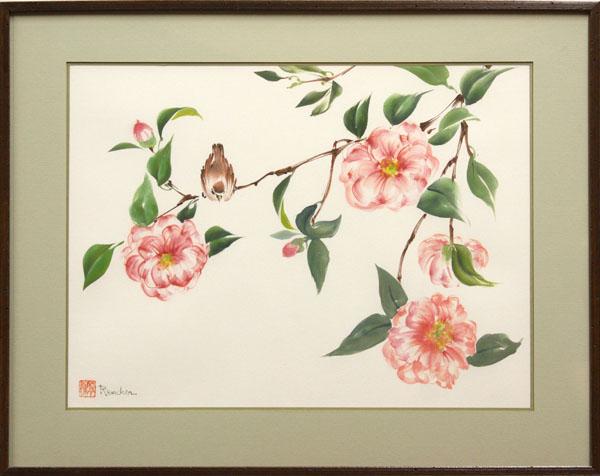 Watercolor, Shirley Rencher, Bird Camellia Branch: Framed watercolor on paper, Bird on a Camellia Branch, by Shirley Rencher (California, Contemporary), signed ''Rencher'' lower left, bears chopmark with Chiura Obata and Rencher's Japanese names lower