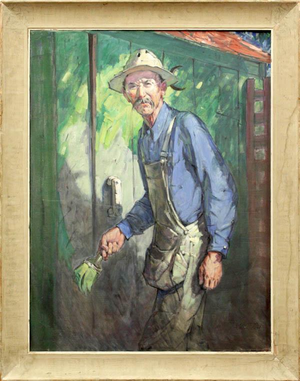 Painting, Eugene M. Frandzen, Grandpa Boses: Framed oil on canvas, ''Grandpa Boses,'' by Eugene M. Frandzen (Californian, 1893-1972), signed ''Eugene M. Frandzen'' lower right, labels affixed verso, sight: 39.75''h x 29.75''w, overall: 46.5''h x