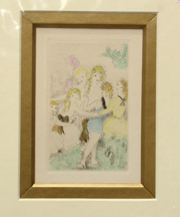 Color etching, Marie Laurencin, La Ronde: Unframed handcolored etching, ''La Ronde'' from the book ''Dix filles dans un pre,'' unsigned, by Marie Laurencin (French, 1885-1956), overall: 5''h x 3''w