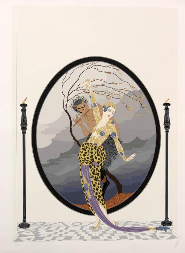 Serigraph, Erte, Woman and Satyr: Unframed serigraph, ''Woman and Satyr'' by Erte Romain de Tirtoff (French/American, 1892-1990), bears signature lower right, edition 79/300, overall: 32''h x 24''w.