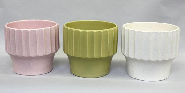 Bauer Biltmore planters: (lot of 3) Bauer of California planters executed in the Biltmore pattern, all number 10, and executed in white, lime and speckled pink, impressed signature 11.25''h x 12''w