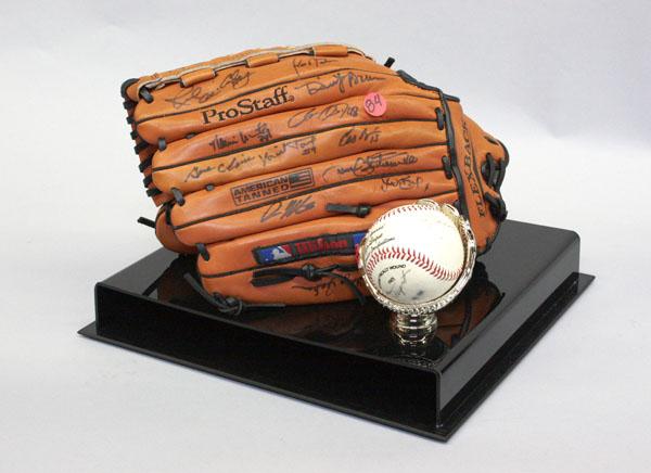 San Francisco Giants team signed glove: San Francisco Giants, team signed baseball including signatures by Orlando Cepeda, Willie Mays, Chuck Finley, Herman Franks, John Davenport, and a baseball glove signed by players including Sammy Gats