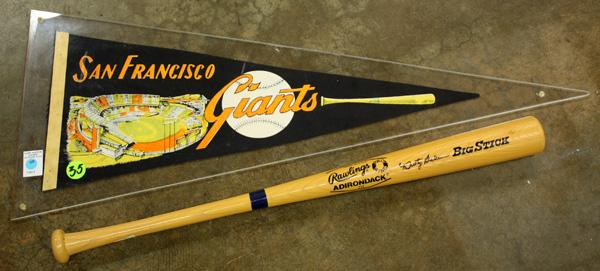 Dusty Baker signed Rawlings baseball bat: (lot of 2) Rawlings Andirondack Big Stick bat #232, signed by Dusty Baker; together with a San Francisco Giants pennant