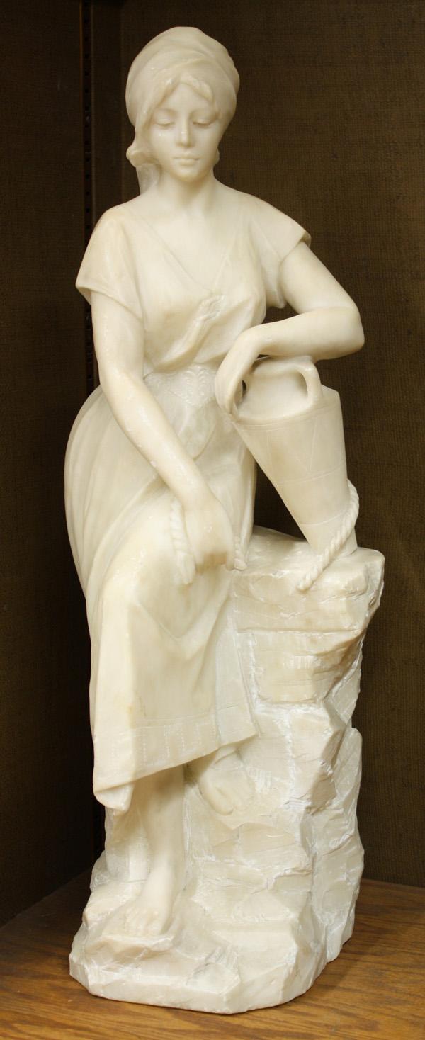 Alabaster Classical Figural Sculpture: Alabaster figural sculpture, circa 1890, signed A. Cipriani, the young lady is represented in a classical form in Greek clothing, she is portrayed leaning on her amphora resting from a hard days work,