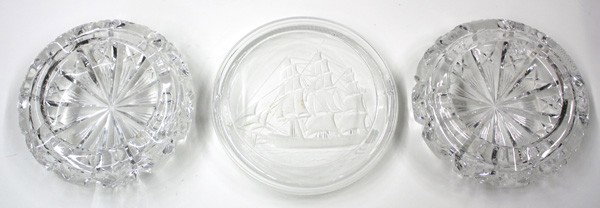 Lalique and Etched Crystal Ashtrays: (lot of 3) Group of crystal ashtrays, one Lalique ''Janes Baynes'' with an etched ship at sea, largest 7''d