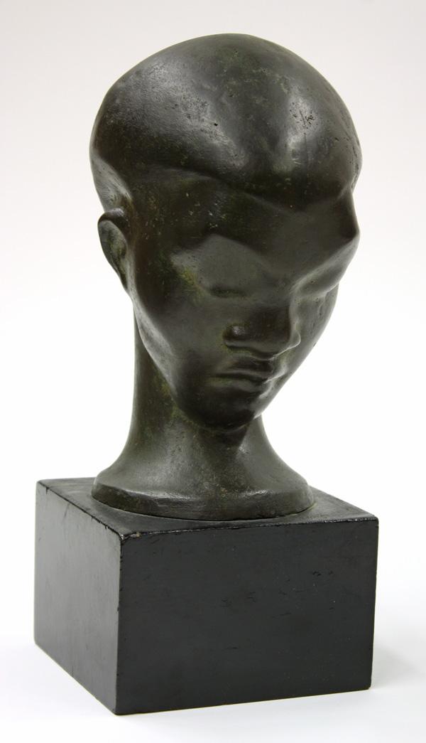 Bronze, Leonid Kitajeff, Head of a Woman: Bronze sculpture, Head of a Woman, by Leonid Kitajeff (Continental School, 20th century), unsigned, artists name of label affixed back base, black wood base, sculpture dimensions: 8''h x 4.375''w x 5.