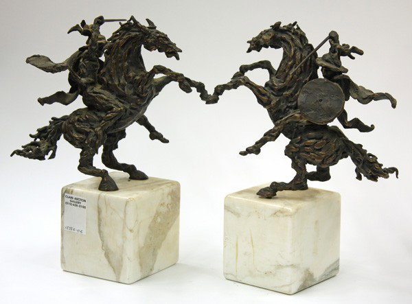 Pair of Bronzes with White Marble Bases, Riders: (lot of 2) Pair of bronzes, Riders on Horseback with Shields and Swords, Continental School (Late 19th century), signed ''Canavari'' bottom of bronzes, white marble bases, overall: 11.75''h x 4''w x 8