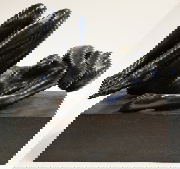 Bronze sculpture, attributed to Auguste Rodin: Bronze sculpture, Nude Reclining (possibly Camille Claudel) attributed to Auguste Rodin (French, 1840-1917), signed ''A. Rodin'' on figure's left thigh, dark wood base, sculpture dimensions: 8''h x 14