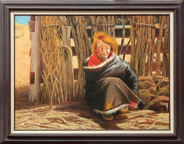 Painting, Jules Cassatt, Child in Moccasins: Framed oil on canvas, Child in Moccasins Wrapped in a Blanket, by Jules Cassatt, signed ''Jules Cassatt'' lower right, sight: 29.5''h x 39.5''w, overall: 37.5''h x 47.5''w
