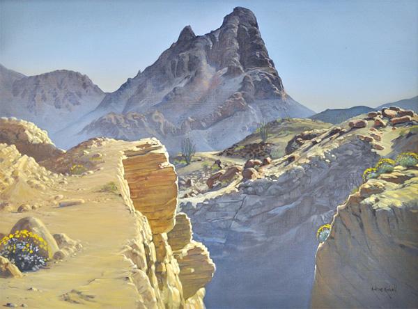 Painting, Robert Rishell, La Quinta Canyon: Framed oil on canvas, ''La Quinta Canyon,'' 1966, by Robert Clifford Rishell (California, 1917-1976), signed ''Robert Rishell'' lower right, titled and dated on exhibition label affixed verso, sight: 