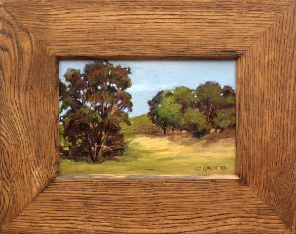 Painting, Jesse Ron Rasberry, Summer Landscape: Framed oil on board, Summer Landscape, by Jesse Don Rasberry (Californian, b. 1940), signed ''JD Rasberry'' lower right, sight: 5.5''h x 8.5''w, overall: 11.375''h x 14.375''w