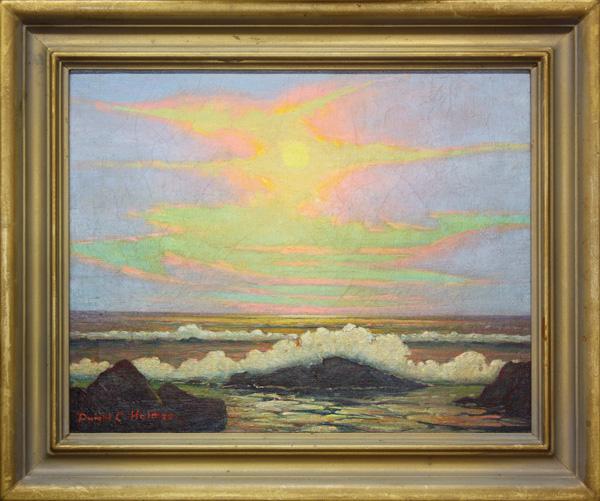 Painting, Dwight C Holmes, Sunset near Laguna Bea: Framed oil on board, ''Sunset'' near Laguna Beach, by Dwight Clay Holmes (Texas/California, 1900-1988), signed ''Dwight C. Holmes'' lower left, titled and stamped verso, sight: 15.6''h x 19.6''w, over