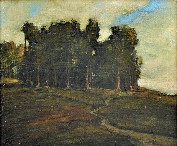 Painting, Stand of Eucalyptus against Clouds, Cal: Framed oil on canvas, Stand of Eucalyptus Trees against a Summer Sky, by Xavier Martinez (California, 1869-1943), monogrammed ''XM'' lower left, sight: 9.625''h x 11.625''w, overall: 15''h x 17''w