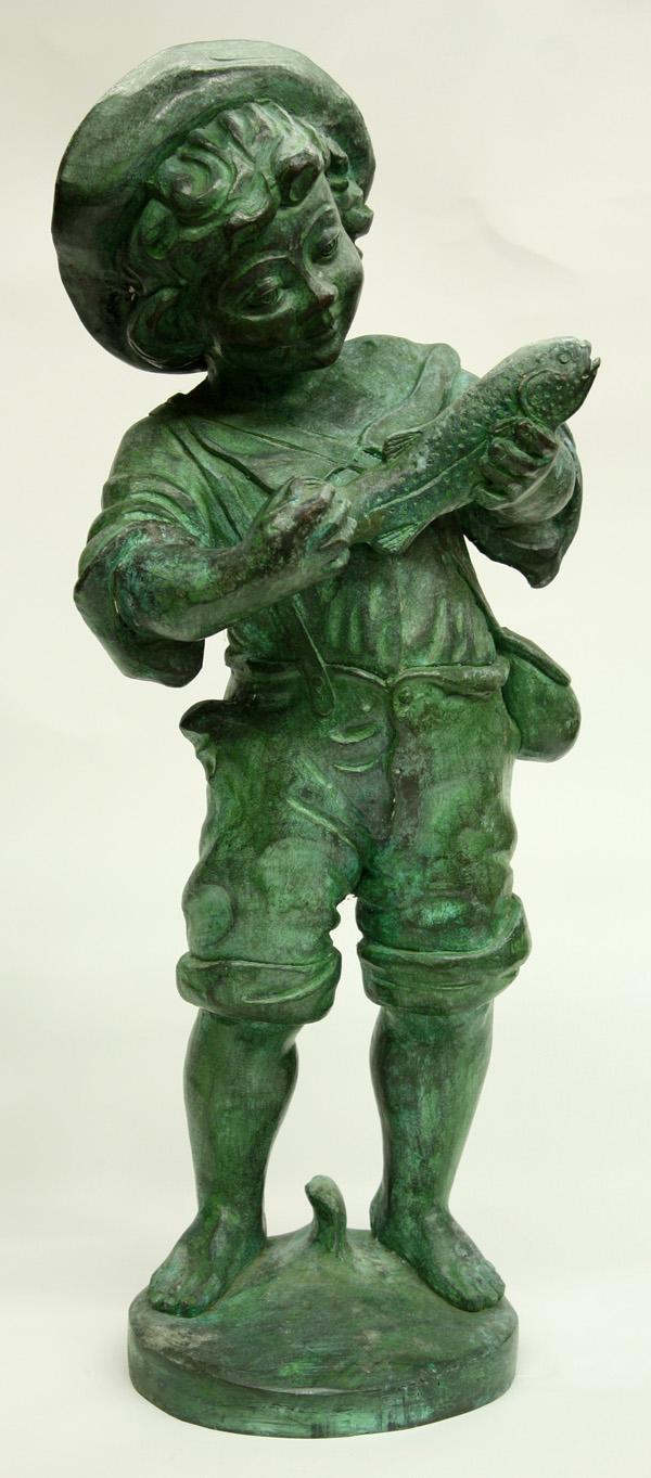 Bronze sculpture, Boy with a Fish: Bronze sculpture, Boy with a Fish, Continental School (Late 19th century), unsigned, overall dimensions: 20''h x 8''w x 5.25''d