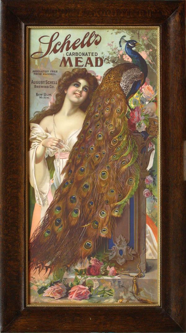 American Vintage Advertising Poster: Vintage advertising poster ''Schells Carbonated Mead'' circa 1900, printed by Northwestern Litho, Miluakee, depicting a young maiden gazing toward a peacock, framed in a quartersawn oak frame, overall