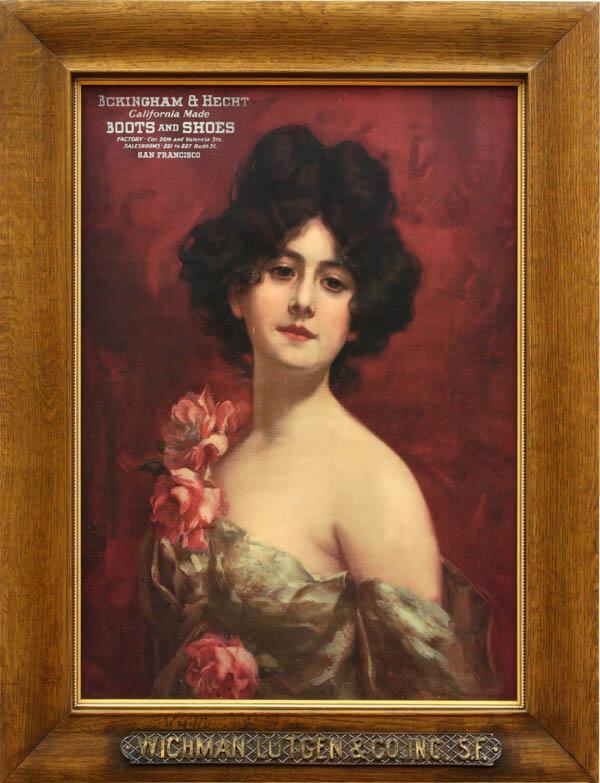 San Francisco Advertising Poster: San Francisco advertising lithograph for Buckingham & Hecht Boots and Shoes, framed in the original oak moulding with a retailer plaque for Wichman Lutgen & Co. San Francisco, overall 33''h x 25''w