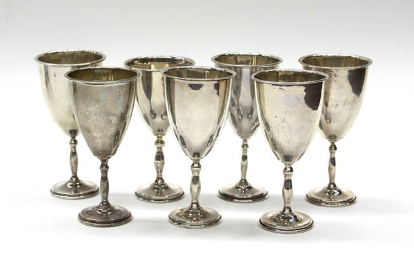 Mexican sterling goblets: (lot of 7) Assembled group of Mexican sterling silver goblets, 5 with makers mark of Jose Marmolejos, the other 2 marked Taxco with unidentified makers mark, each 6''h, 37 troy oz.