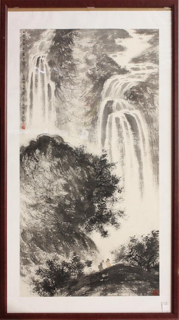 Chinese Painting, Fu Baoshi (attr), Waterfall: Framed Chinese painting, Waterfall Landscape with Figures, attributed to Fu Baoshi (1904-1965), ink and color on paper, top left inscribed 'Fu Baoshi' and dated yiyou (=1945), with three seals of the