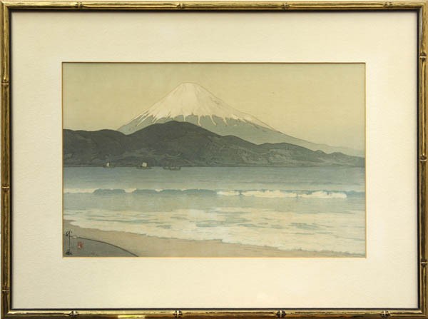 Japanese Modern Woodblock Print, Hiroshi Yoshida: Framed Japanese woodblock print, by Hiroshi Yoshida (1876-1950), Fujiyama from Miho[in English] and Miho [in Japanese], Abe #206, published Showa 10 (=1935) (faded, some toning, [not unframed]), overa