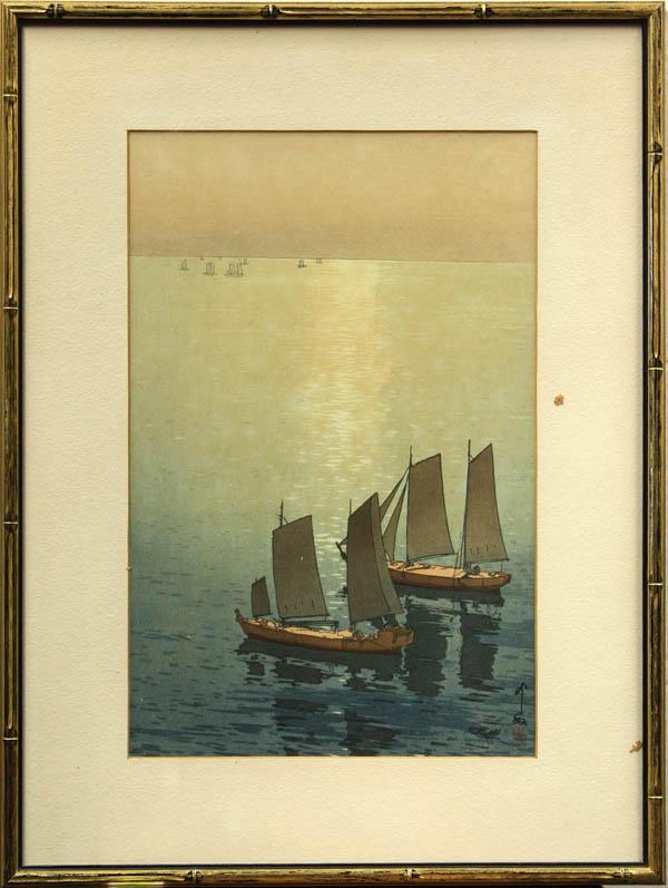 Japanese Modern Woodblock Print, Hiroshi Yoshida: Framed Japanese woodblock print, by Hiroshi Yoshida (1876-1950), from The Inland Sea Series, entitled Glittering Sea [in English] and Hikaru umi (Glittering Sea)[in Japanese], Abe #38, left margin wit