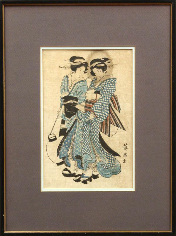 Two Framed Japanese Woodblock Prints, Eisen: (lot of 2) Framed Japanese woodblock prints, each by Ikeda Eisen (1790-1848), the first an aizuri-e portrait of the courtesan Hanamurasaki from the house of Tama-ya, signed Keisai Eisen-ga, with kiwam