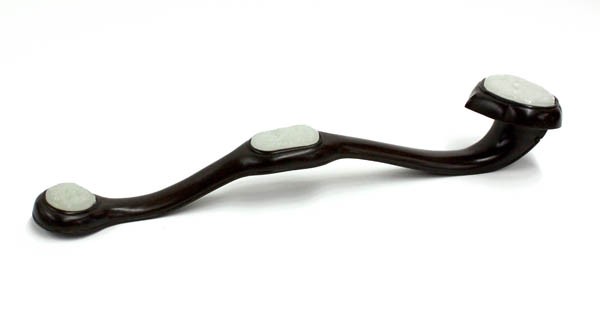 Chinese Hongmu Ruyi Scepter with Inlay: Chinese large wish-granting scepter with hardstone inlay, the ruyi-shaped head with an inlaid white hardstone plaque carved and undercut with birds in a flowering landscape, two smaller carved bird-an