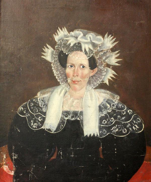 Painting, Portrait of a Woman with a Lace Bonnet,: Unframed oil on canvas affixed to board, Scandinavian Portrait of a Woman with a Lace Bonnet, 19th century, unsigned, overall: 34''h x 28''w