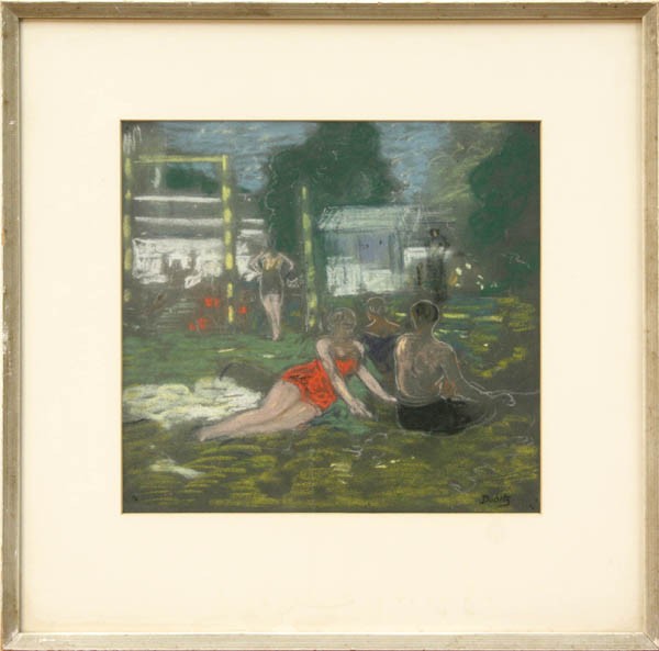 Pastel, Andor Dudits, Figures Sunbathing: Framed pastel, Figures Sunbathing in the Gardens, by Andor Dudits (Hungarian, 1866-1944), signed ''Dudits'' lower right, sight: 11''h x 12''w overall 18.625''h x 18.75''w