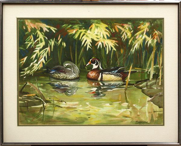 Watercolor, Robert E. Jensen, Wood Ducks: Framed watercolor, ''Wood Ducks,'' by Robert E. Jensen (Californian, 1922-1984), signed ''R. Jensen'' lower right, titled and inscribed verso, sight: 21.75''h x 29.5''w, overall: 30.25''h x 37.25''w